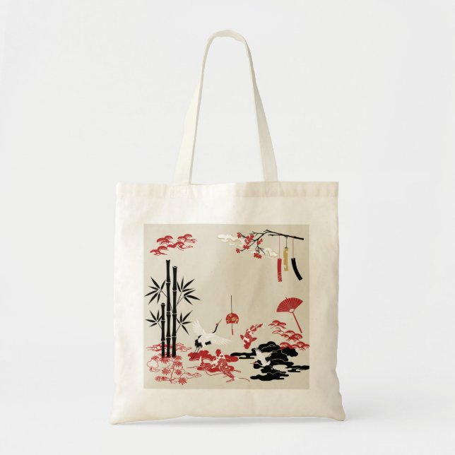 Bolso De Tela Minimalist Japanese Motifs: Cranes, Koi Fish, Bamb (Frente)
