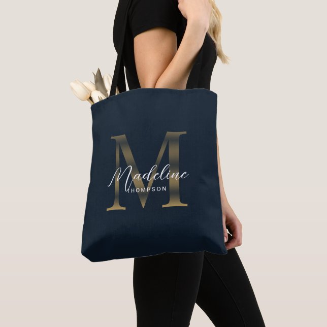 Bolso De Tela Minimalist Script Metallic Navy Blue Gold Monogram (Detalle)