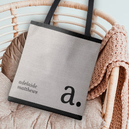 Bolso De Tela Minimalista Beige Faux Linen Look Monograma Nombre