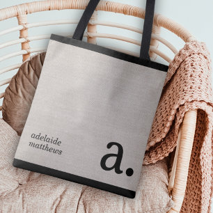 Bolso De Tela Minimalista Beige Faux Linen Look Monograma Nombre