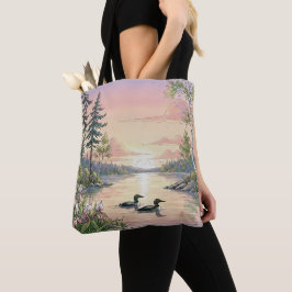 Bolso De Tela Minnesota Lake Sunset with Loons, Tote Bag
