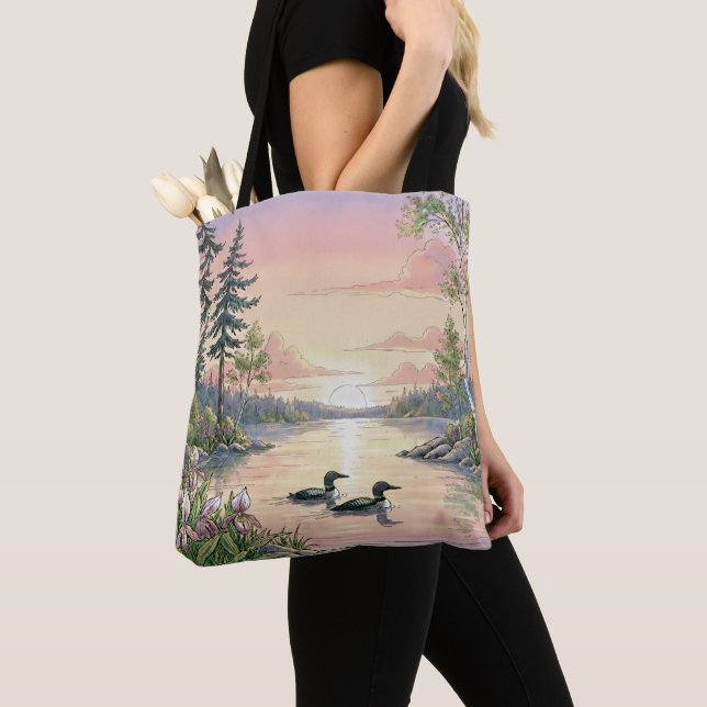 Bolso De Tela Minnesota Lake Sunset with Loons, Tote Bag (Detalle)
