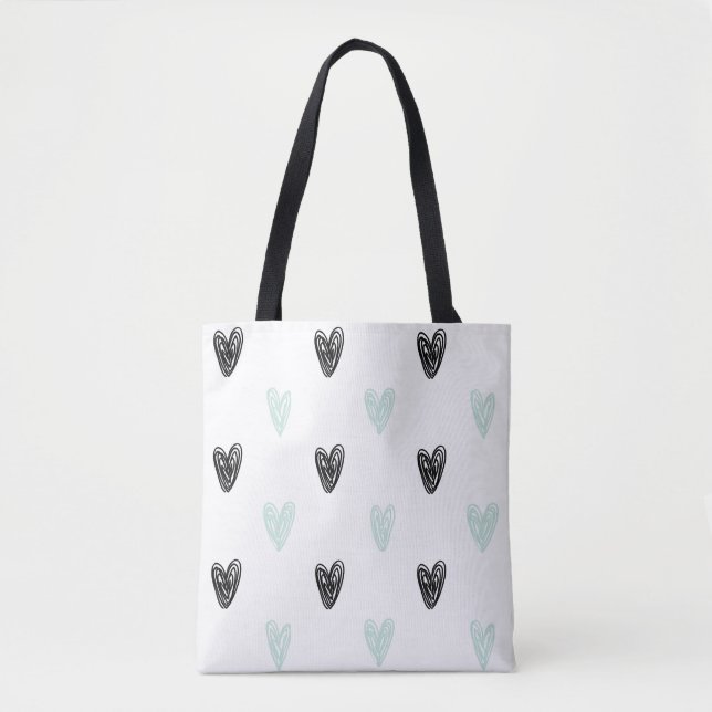 Bolso De Tela Mint & Black Hearts Doodles Pattern Tote Bag (Anverso)