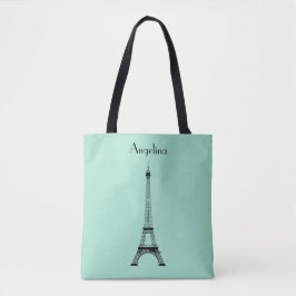 Bolso De Tela Mint Green Black Paris Torre Eiffel con nombre