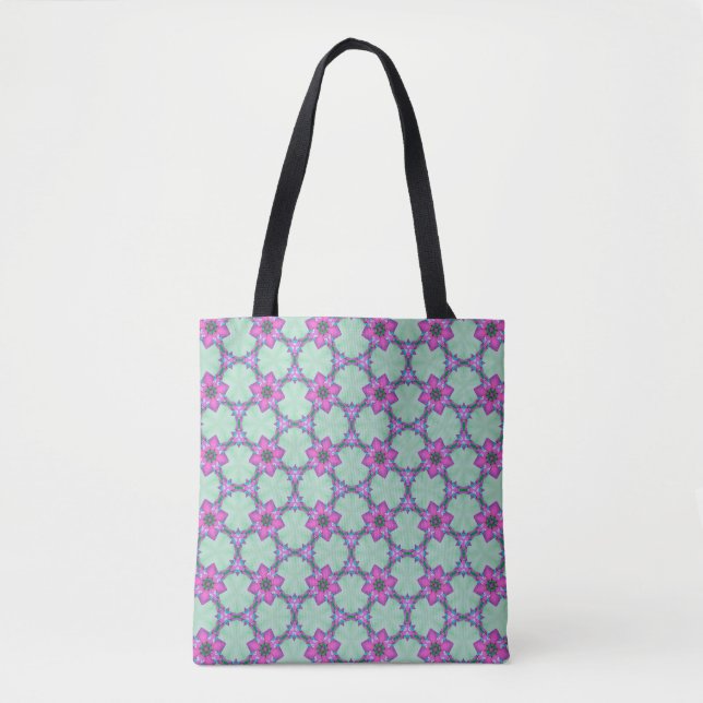Bolso De Tela Mint & Violet Geometric Floral Pattern Tote (Anverso)