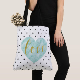Bolso De Tela Mint y Gold Watercolor "Amor"