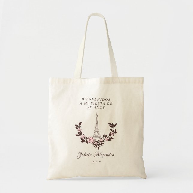 Bolso De Tela Mis Quince años Diseño Floral París (Frente)