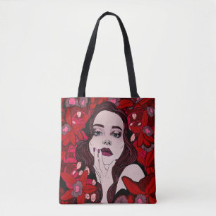 Bolso De Tela Misterioso chica rodeado de sabstrato de flores ro