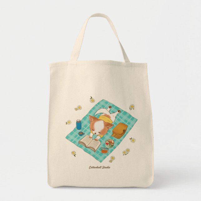 Bolso De Tela Mochi en un picnic kawaii con Tote de cachorros (Frente)