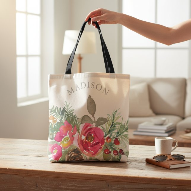 Bolso De Tela Moda acuarela Winter Floral Nombre personalizado (Subido por el creador)
