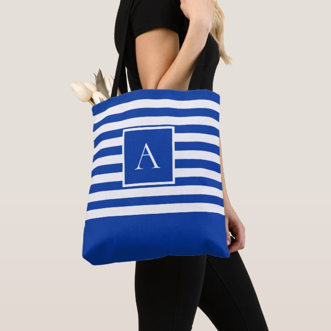 Bolso De Tela MODA AZUL BLANCO TIRA Cuadrada Letra monograma (Detalle)
