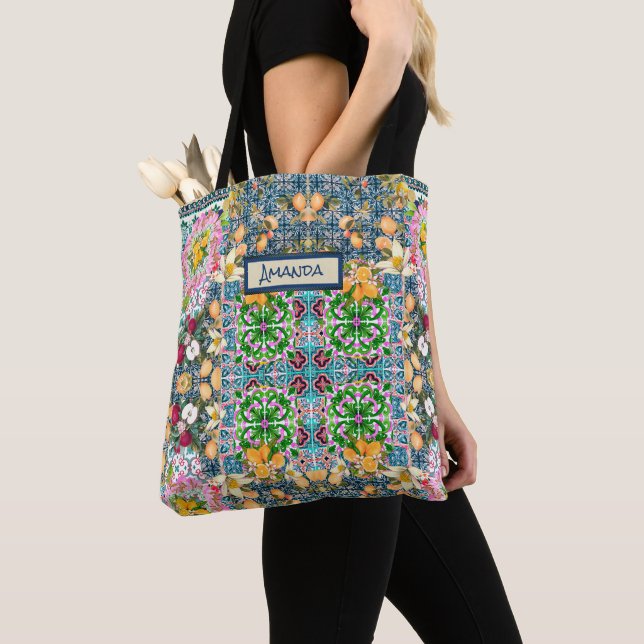 Bolso De Tela Moda azul rosa cítrico siciliano baldosas florales (Detalle)