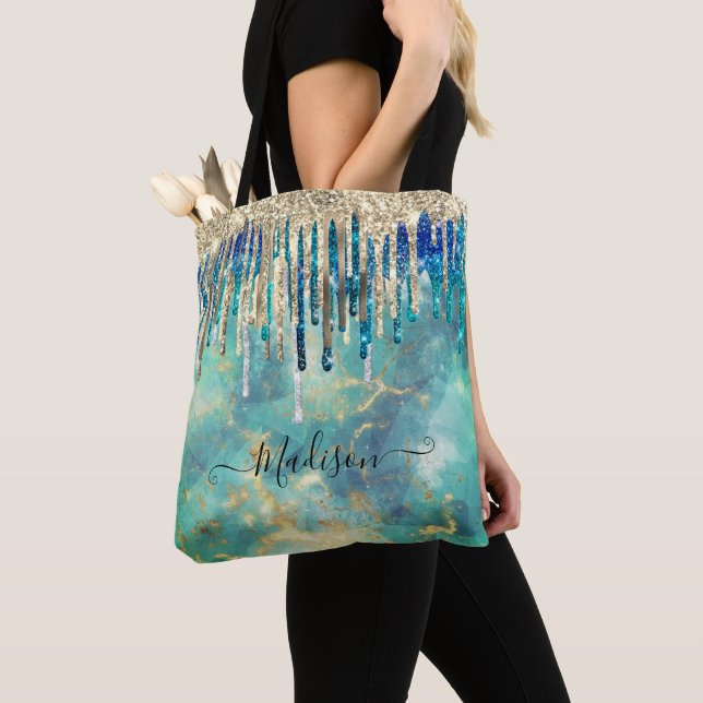 Bolso De Tela Moda azul turquesa purpurina oro goteo monograma (Detalle)