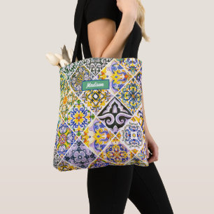 Bolso De Tela Moda Baldosas verdes sicilianas mediterráneas