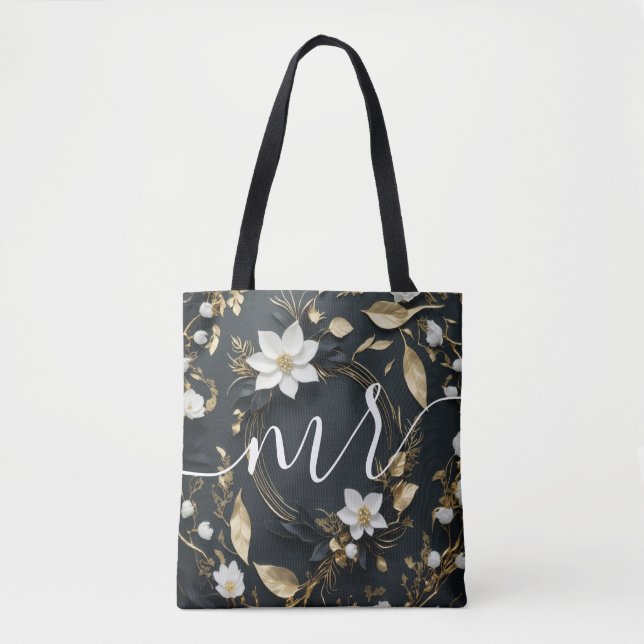 Bolso De Tela Moda Black White Gold Floral Boda Groom (Anverso)