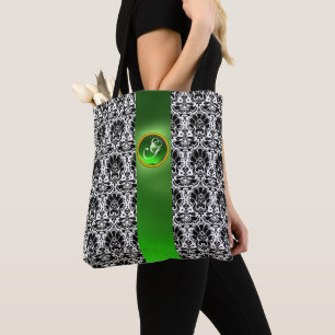 BOLSO DE TELA MODA BLANCO NEGRO DAMASK EMERALD GREEN GEM MONOGRA