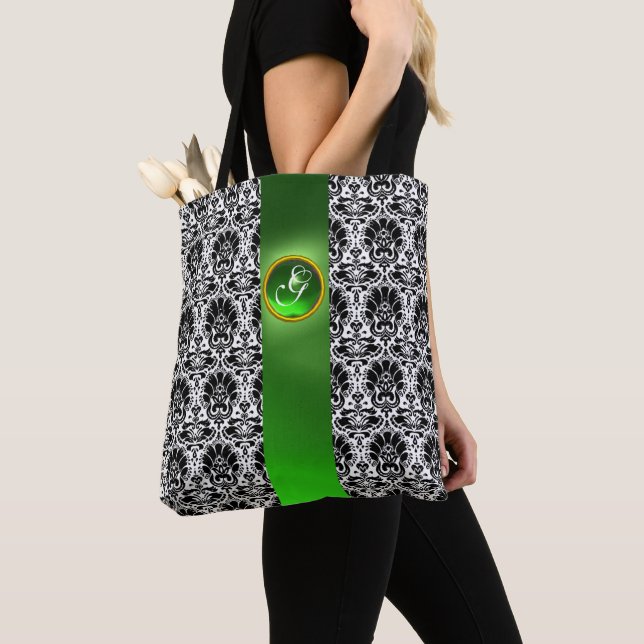 BOLSO DE TELA MODA BLANCO NEGRO DAMASK EMERALD GREEN GEM MONOGRA (Detalle)