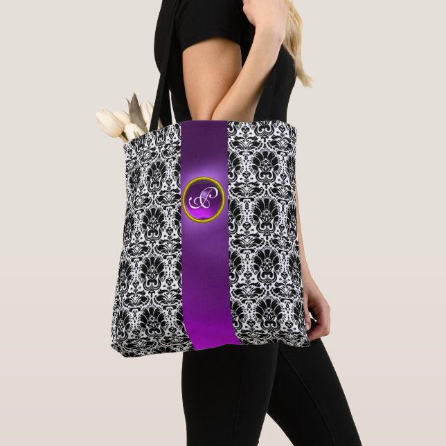 BOLSO DE TELA MODA BLANCO NEGRO DAMASK ,GEMSTONE PURPLE MONOGRAM (Detalle)