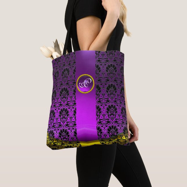 BOLSO DE TELA MODA BLANCO NEGRO DAMASK ,GEMSTONE PURPLE MONOGRAM (Detalle)
