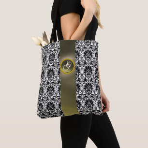BOLSO DE TELA MODA BLANCO NEGRO DAMASK GRIS GEM MONOGRAM