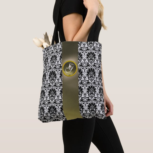 BOLSO DE TELA MODA BLANCO NEGRO DAMASK GRIS GEM MONOGRAM (Detalle)