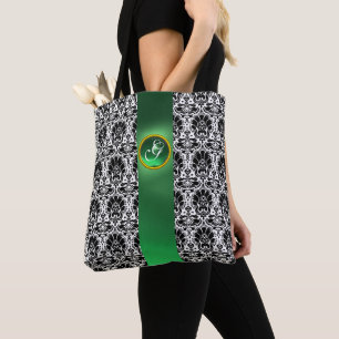 BOLSO DE TELA MODA BLANCO NEGRO DAMASK JADE GREEN GEM MONOGRAM