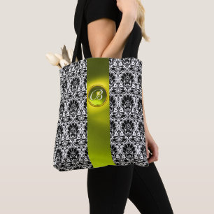 BOLSO DE TELA MODA BLANCO NEGRO DAMASK, MONOGRAMA DE PIEDRA AMAR