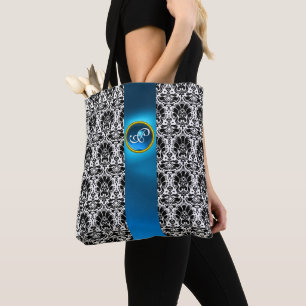 BOLSO DE TELA MODA BLANCO NEGRO DAMASK ,MONOGRAMA DE PIEDRA AZUL