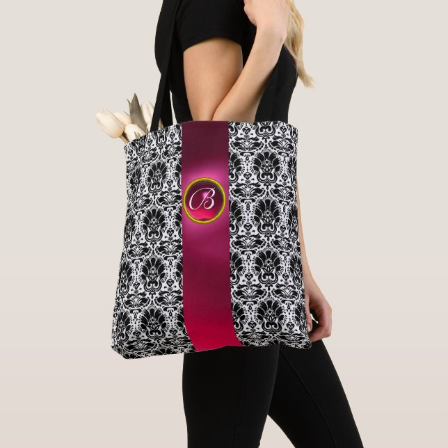 BOLSO DE TELA MODA BLANCO NEGRO DAMASK ,PINK FUCHSIA GEM MONOGRA (Detalle)