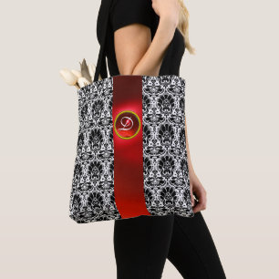 BOLSO DE TELA MODA BLANCO NEGRO DAMASK ROJO RUBY GEMSTONE MONOGR