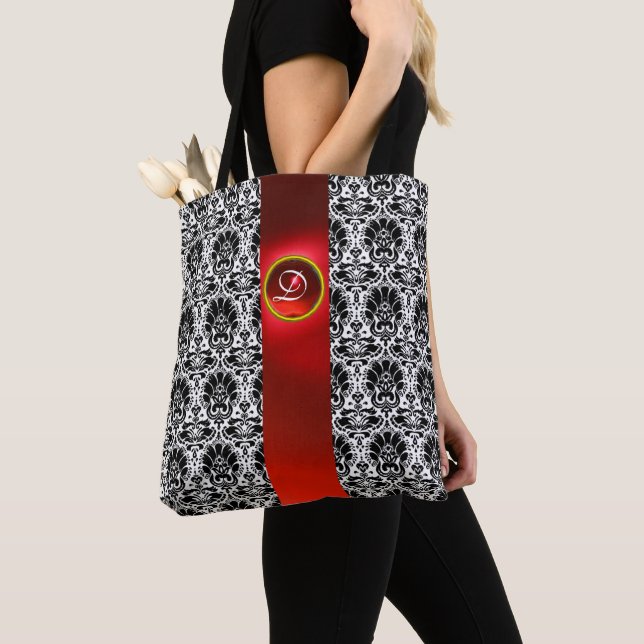BOLSO DE TELA MODA BLANCO NEGRO DAMASK ROJO RUBY GEMSTONE MONOGR (Detalle)