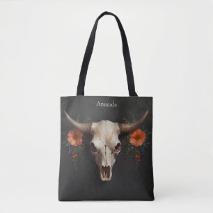 Bolso De Tela Moda Boho Acuarela Minimalista Floral Cow Skull
