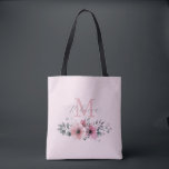 Bolso De Tela Moda botánica rubor rosa floral monogramado<br><div class="desc">Moda botánica floral elegante plantas foliage bolsa de tote de flor rosa gris de color rosa.</div>