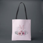 Bolso De Tela Moda botánica rubor rosa floral monogramado<br><div class="desc">Moda botánica floral elegante plantas foliage bolsa de tote de flor rosa gris de color rosa.</div>