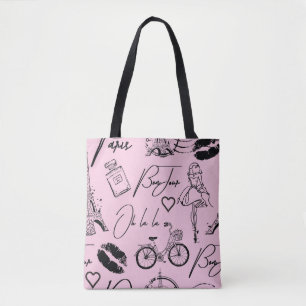 Bolso De Tela Moda, caligrafía, Torre Eiffel, labios