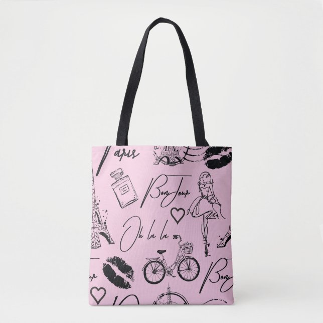 Bolso De Tela Moda, caligrafía, Torre Eiffel, labios (Anverso)