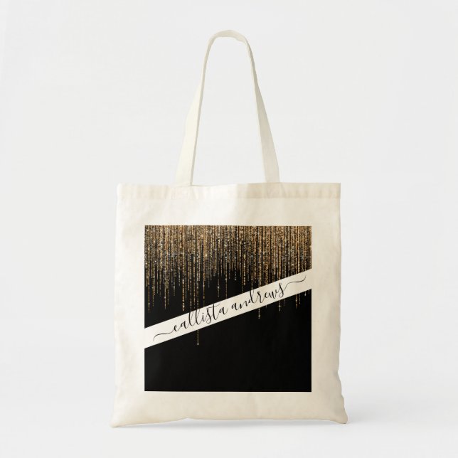 Bolso De Tela Moda de lujo Black Gold Sparkly Purpurina Fringe (Frente)