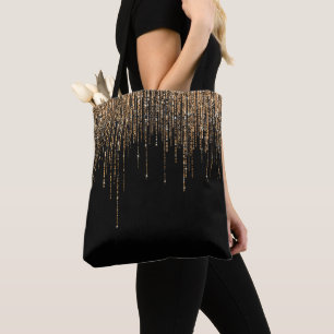 Bolso De Tela Moda de lujo Black Gold Sparkly Purpurina Fringe
