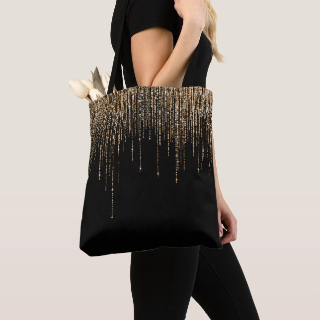 Bolso De Tela Moda de lujo Black Gold Sparkly Purpurina Fringe (Detalle)