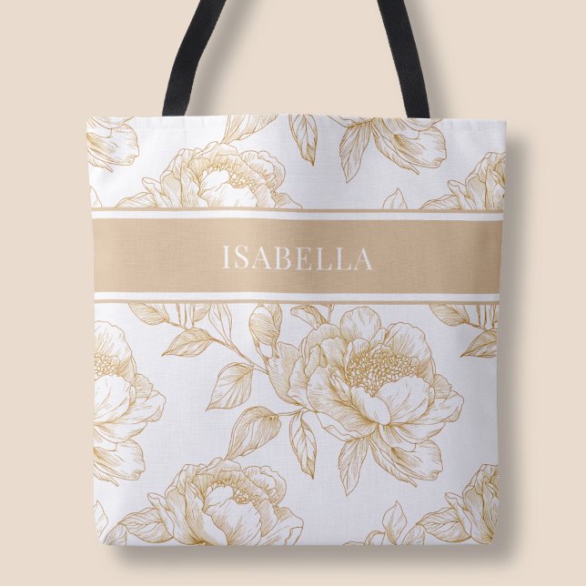 Bolso De Tela Moda de patrón floral elegante beige (Elegant Beige Floral Pattern Chic Botanical Flower Tote Bag)