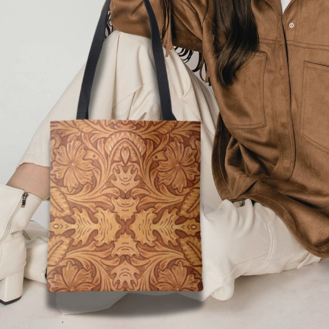 Bolso De Tela Moda de vaquero castaño rústico cuero occidental (Rustic brown cowboy fashion western leather print tote bag)