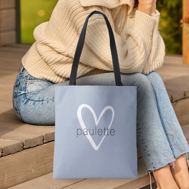 Bolso De Tela Moda Dusty Blue Heart Personalizado (Heart Tote Bag by PartyInvitationShop.com)