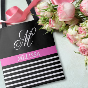 Bolso De Tela Moda Elegante franjas blancas negras con inicial