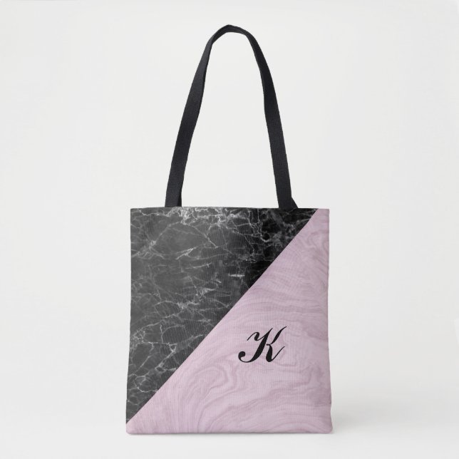 Bolso De Tela Moda Elegante Mármol Rosa Negro Monogramado (Anverso)