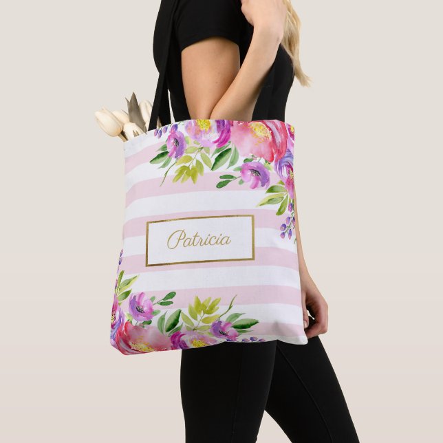 Bolso De Tela Moda Floral acuarela de rayas rosadas y blancas (Detalle)