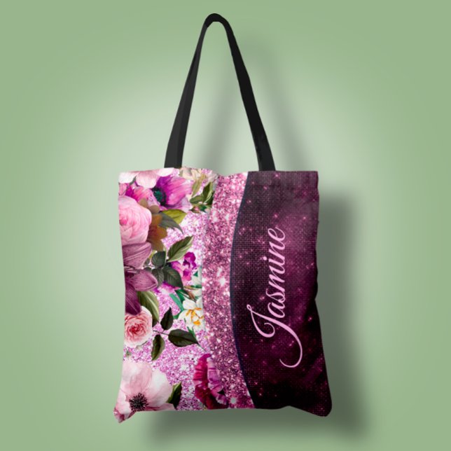 Bolso De Tela Moda floral Borgoña rosa purpurina monograma (Subido por el creador)