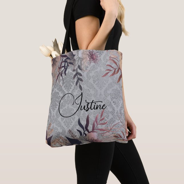 Bolso De Tela Moda Floral Silver Damask Personalizado (Detalle)