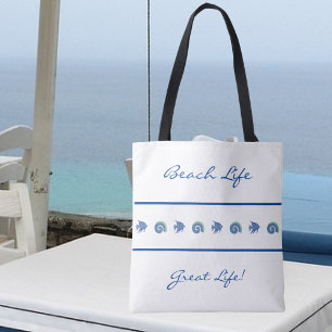 Bolso De Tela Moda franjas azul y blanca Shell Fish Beach Life