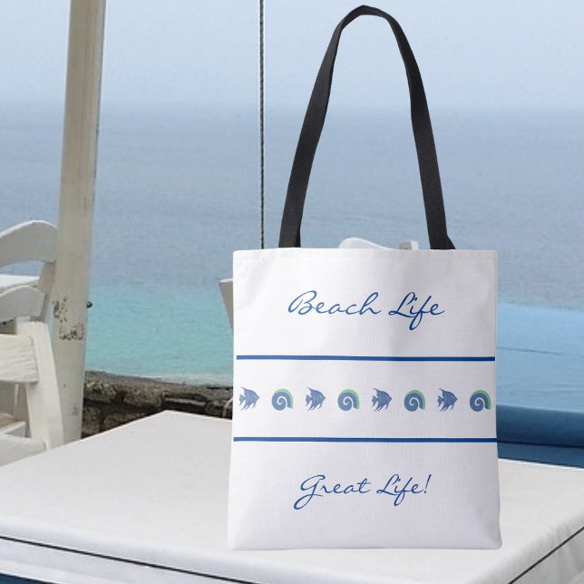 Bolso De Tela Moda franjas azul y blanca Shell Fish Beach Life (Subido por el creador)