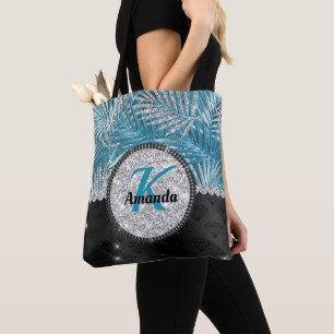 Bolso De Tela Moda giratoria turquesa aqua purpurina hojas monog